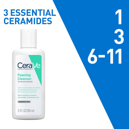CeraVe foaming cleanser bottle with blue and white design elements on a white background