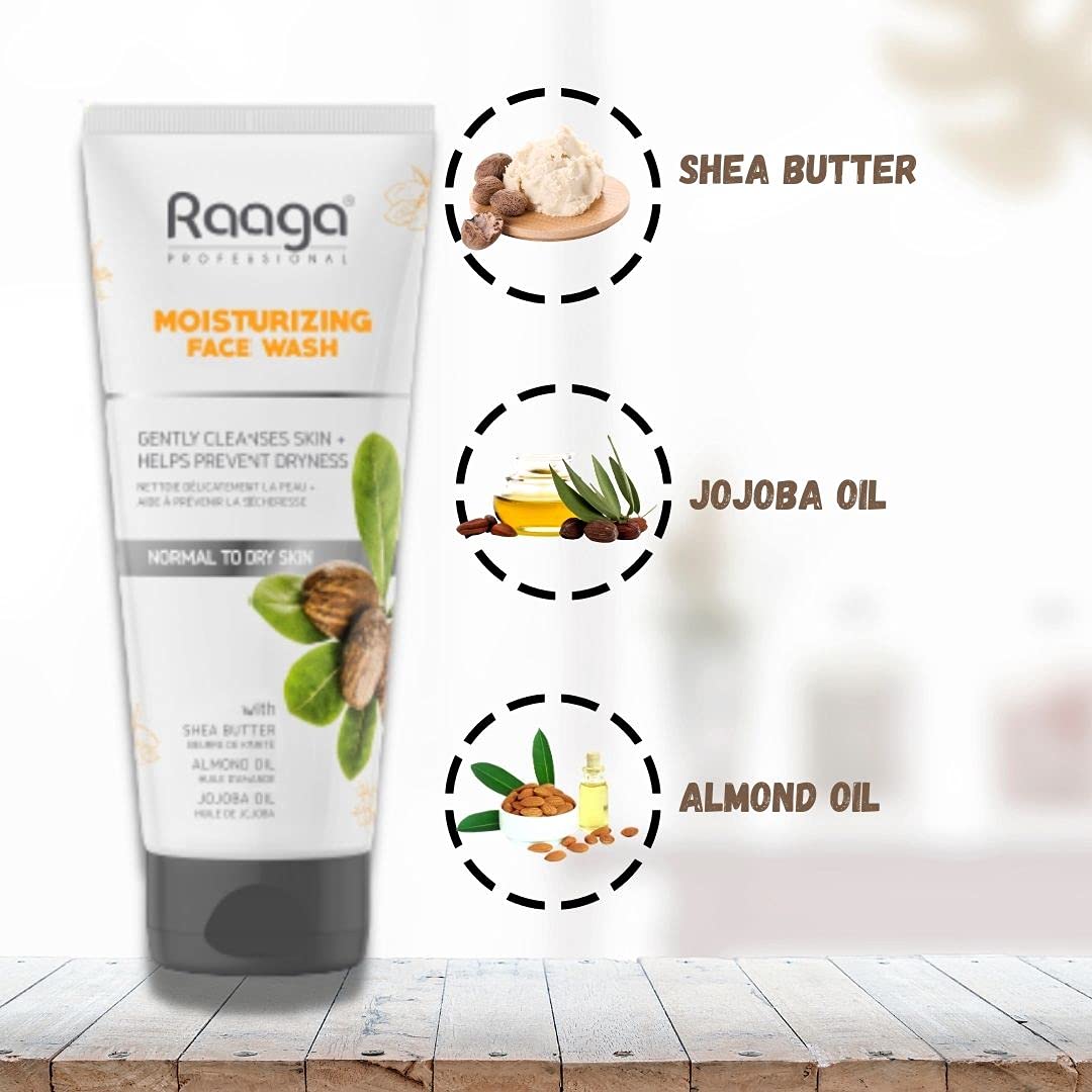Raaga Moisturizing Face Wash tube with ingredients highlighted on a wooden surface