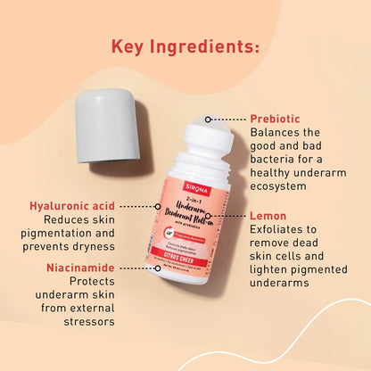 Sirona 2-in-1 Underarm Deodorant Roll-On with key ingredients highlighted on a beige background