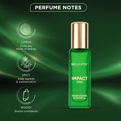 Bella Vita Luxury Impact Men Eau De Cologne Liquid Perfume With Mendarin Orange, Patchouli, Cedar | Woody, Citrusy Long Lasting Edc Fragrance Fresh Scent 20 Ml
