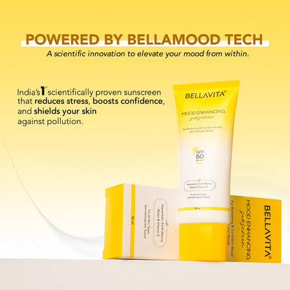Bellavita mood-enhancing sunscreen with packaging on a yellow background