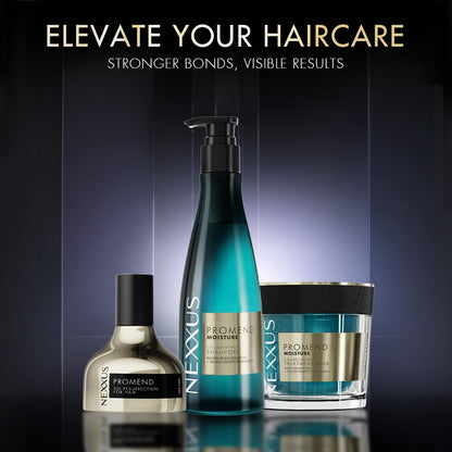 Nexxus hair care products with promotional text on a dark background