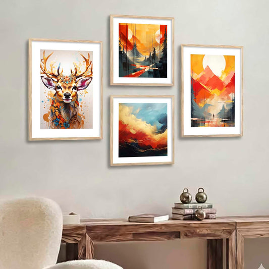 Premium Digital Paintings with Frame for Home Decoration - Painting for Living Room Bedroom Office - Painting for Wall Decoration - Pack of 4 (J)