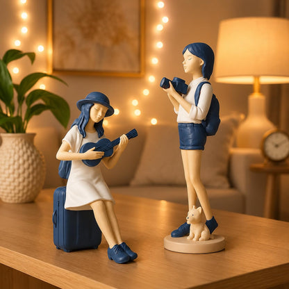 Cute and Elegant Girls Statue for Home Decor | Table Decor (Pack of 2, White & Blue)