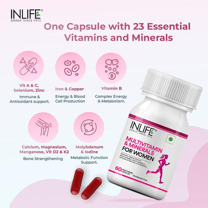 INLIFE Multivitamin for Women with Biotin, Vitamin D, Calcium, & Minerals for Energy, Hair, Skin, Nails, Bone - 60 Veg Capsules (Women)