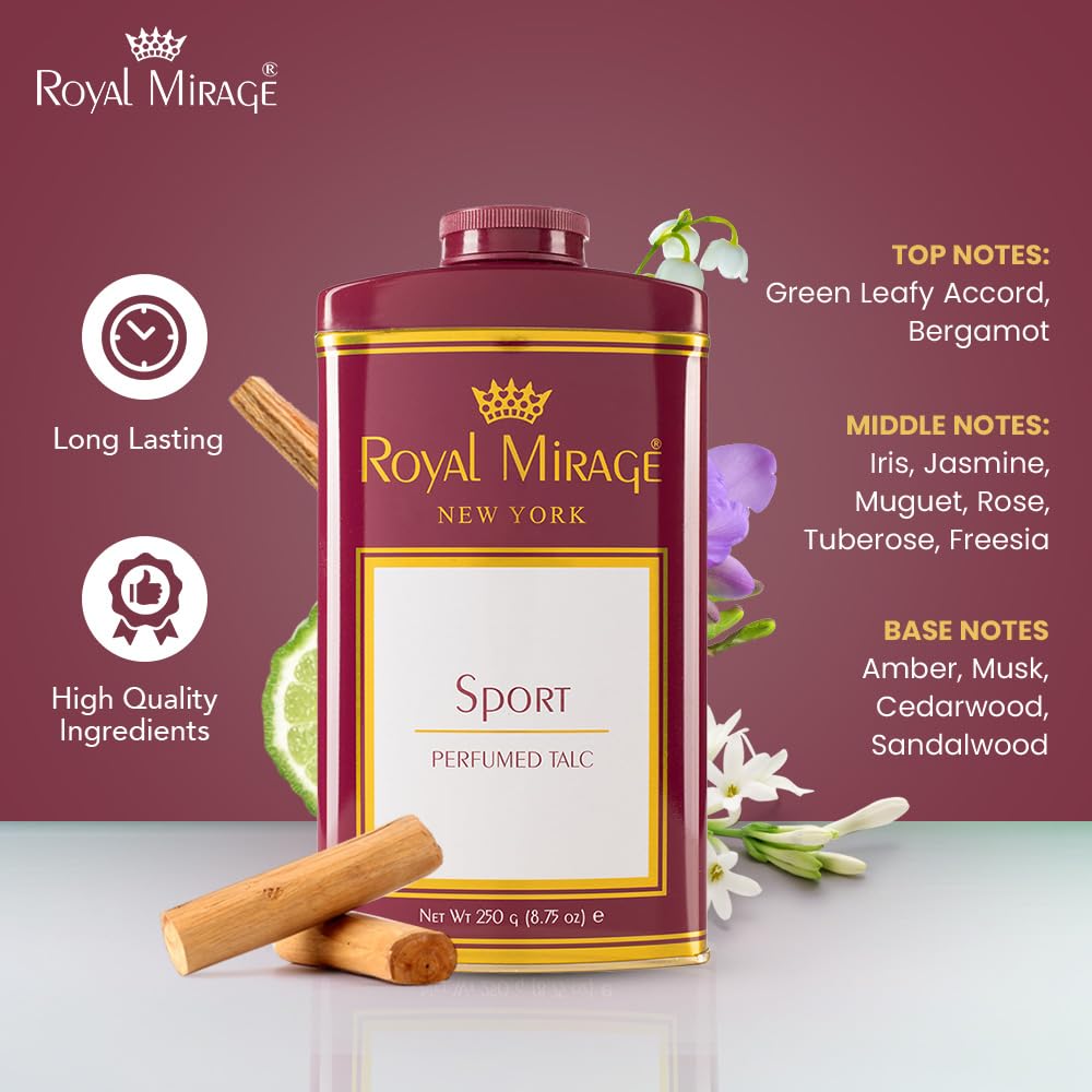 Royal Mirage Sport Deodorizing Talc | Silky Soft & Fresh Skin | Floral & Woody Notes | All-Day Refreshing Comfort | Ideal Post-Gym Talc | Energizing Scent | Unisex Powder | 250g
