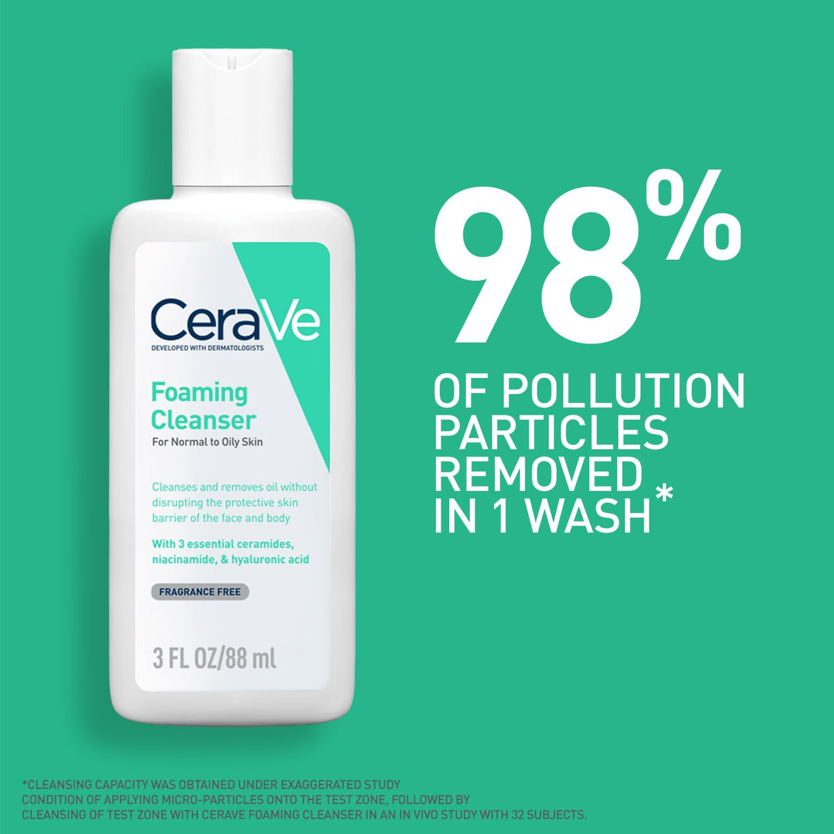 CeraVe Foaming Cleanser bottle with text on a green background