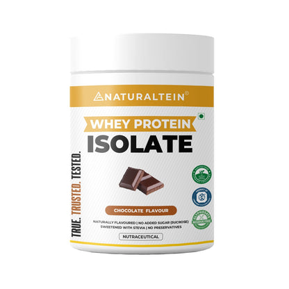 Container of Naturaltein whey protein isolate with chocolate flavor on a white background
