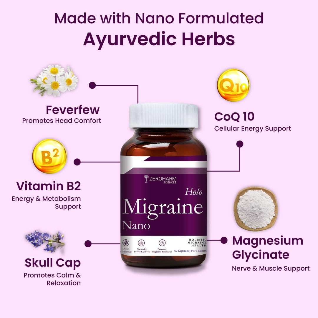 ZEROHARM Holo Migraine Capsules | Headache Relieve Supplement | Reduces Migraine, Non-Drowsy | For Optimal Brain Health | Helps in Reduces Frequency | Men & Women | 60 Capsules