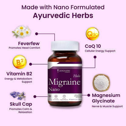 ZEROHARM Holo Migraine Capsules | Headache Relieve Supplement | Reduces Migraine, Non-Drowsy | For Optimal Brain Health | Helps in Reduces Frequency | Men & Women | 60 Capsules