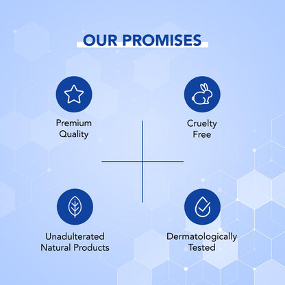 Promises of premium quality, cruelty free, unadulterated natural products, and dermatologically tested on a blue background.