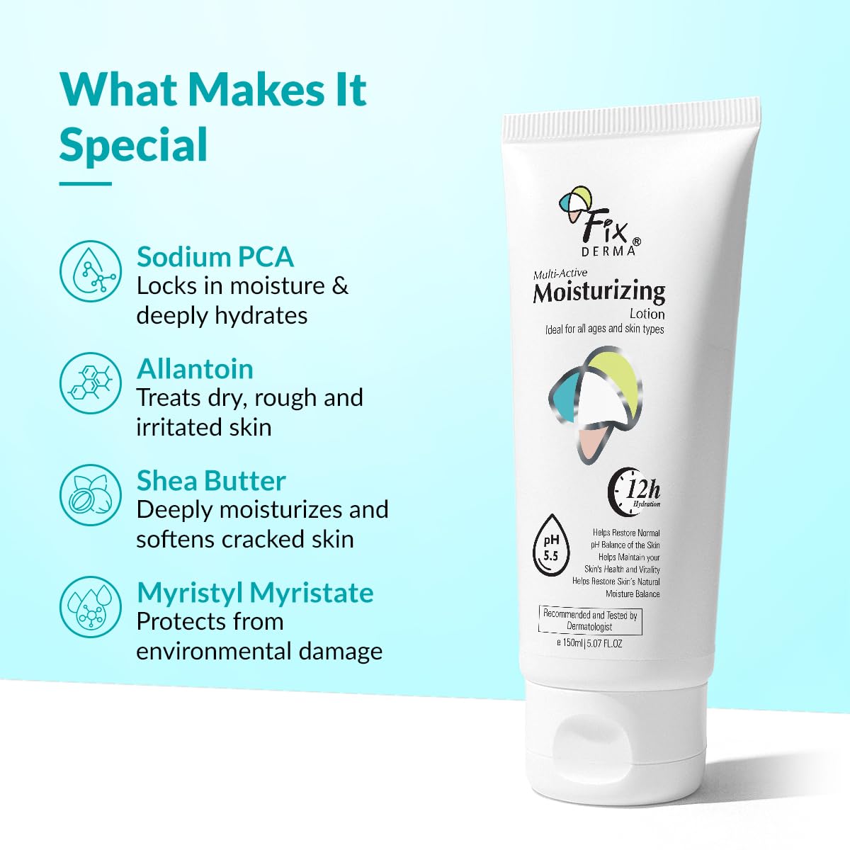 Fixderma Moisturizing lotion, Daily Moisturizer for Dry skin, Body & face moisturizer, Provides Hydration & calmness, Non-Comedogenic & Non-Greasy - 150ml