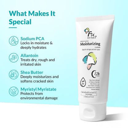 Fixderma Moisturizing lotion, Daily Moisturizer for Dry skin, Body & face moisturizer, Provides Hydration & calmness, Non-Comedogenic & Non-Greasy - 150ml