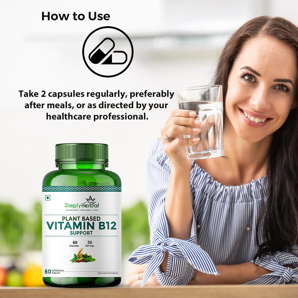 Simply Herbal Plant Based Vitamin B12 Capsules Improves Your Brain Function & Nervous System for Men & Women, (60 Capsules)