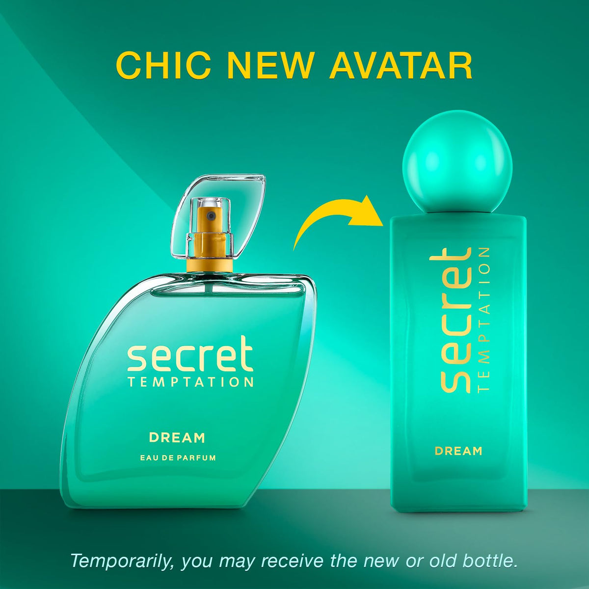 Secret Temptation perfume bottle and packaging on a green background