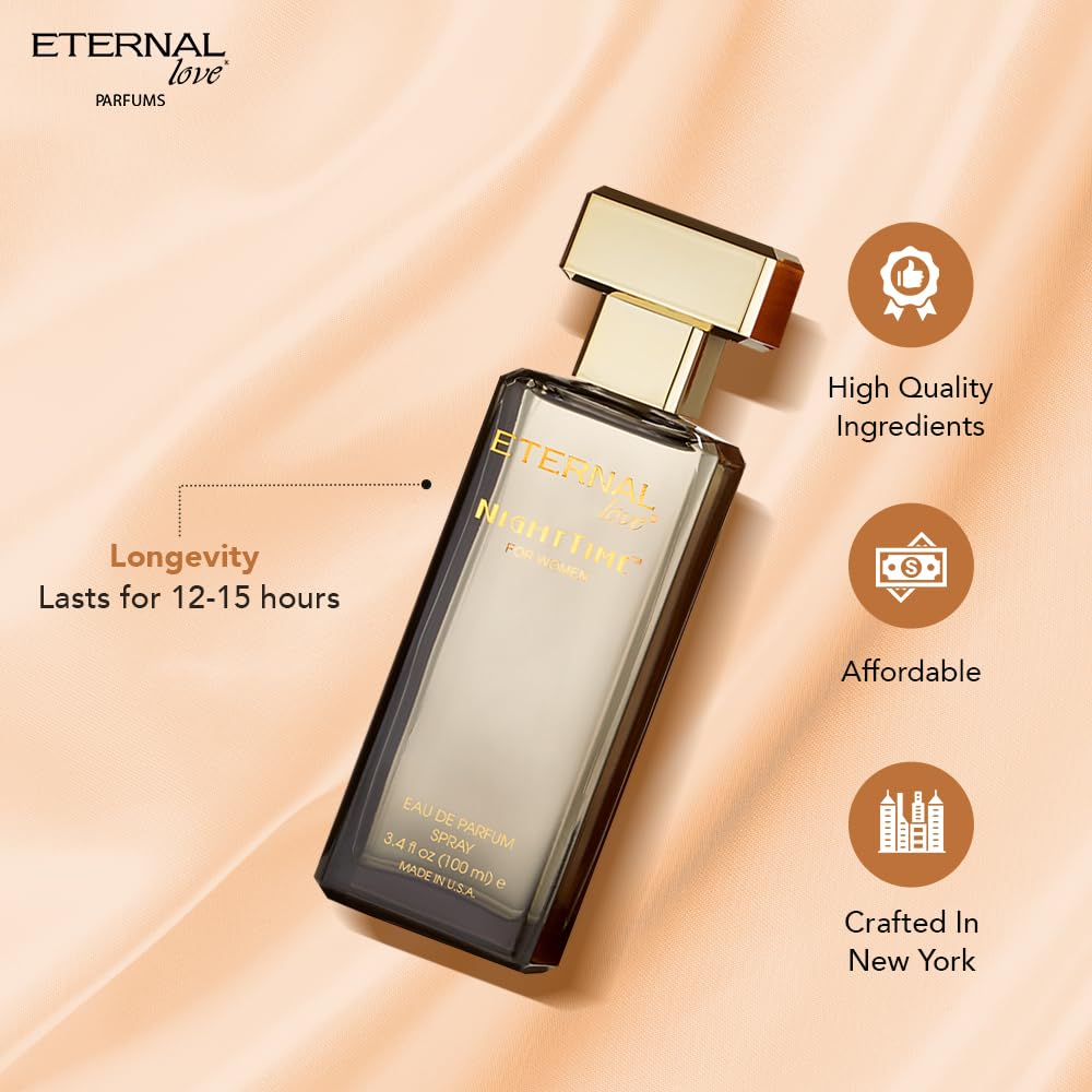 Perfume bottle with 'Eternal Love' branding on a beige background, featuring product details.