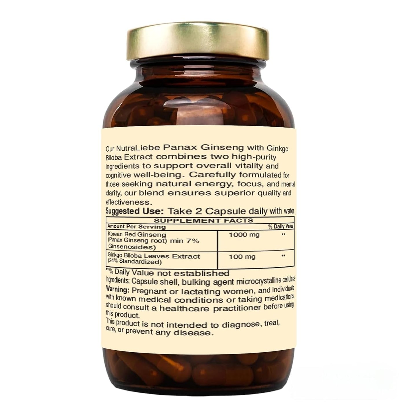 Nutraliebe Panax Ginseng + Ginkgo Biloba Complex - Enhanced Mental Clarity, Energy Boost, Improved Memory, Antioxidant Support, and Circulatory Health, 90 Capsules