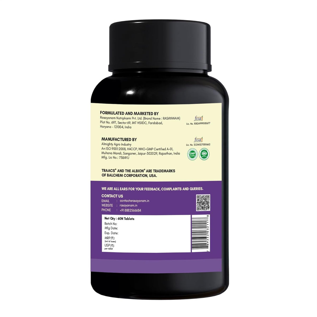 Black supplement bottle with a detailed label on a white background