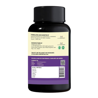 Black supplement bottle with a detailed label on a white background