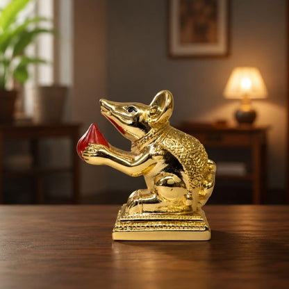 Gold Art India Gold-Plated Mushak (Mooshak) Mouse Pair with Modak | Orange Terracotta Finish | Mouse Idol | Vehicle (Vahana) of Lord Ganesha | 2.5 Inch Height | Mandir (Set of 2 pcs)