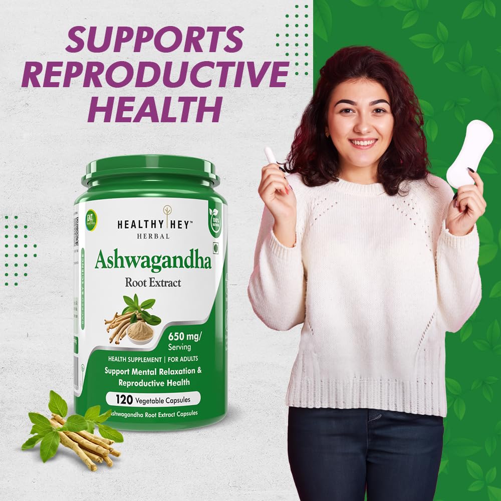 Woman holding a container of Healthy Hey Ashwagandha Root Extract with text about reproductive health on a green and white background.