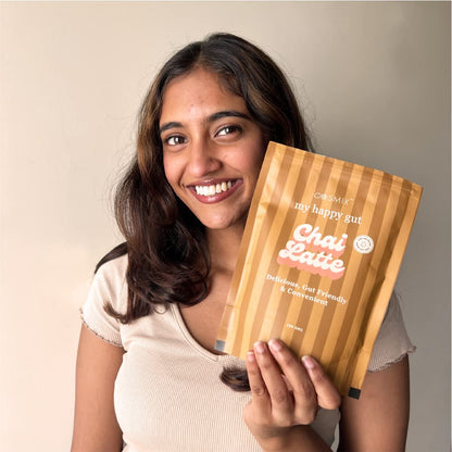 Cosmix My Happy Gut Chai Latte | For Improved Digestion & Overall Gut Health | Zero Refined Sugar, No Preservatives | Plant Based | Just add water & Enjoy (200g Pack of 1)