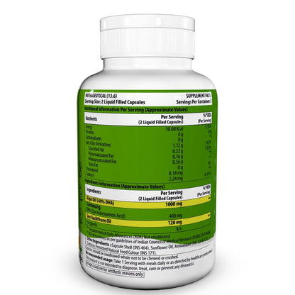 Naturyz Vegetarian Omega 3 Algae + Sea buckthorn Oil Capsules 1120mg | Highest Strength DHA 400mg | Gelatin Free, No Burps, No Fish Oil | Supports Healthy Heart, Skin, Brain & Gut | Plant source for Men & Women | 10 Liquid fill Capsules