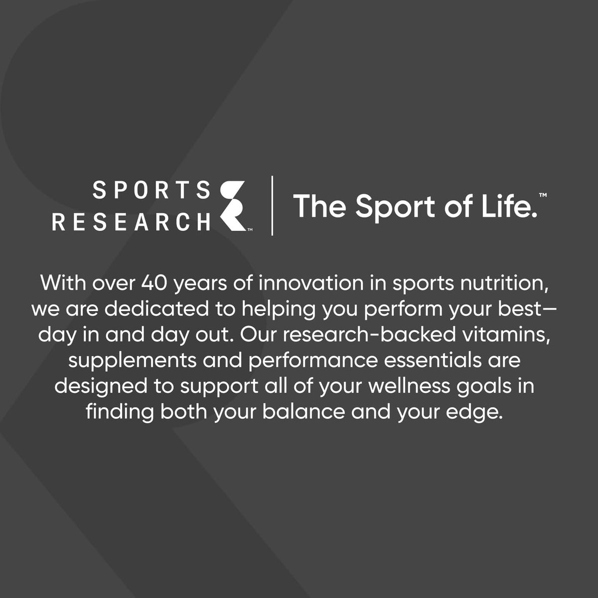 Sports Research advertisement on a dark background with text about sports nutrition and wellness.