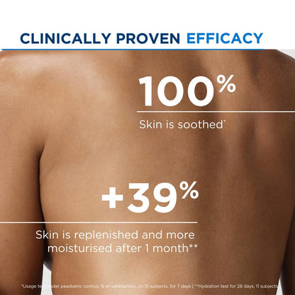 Clinically proven efficacy claim on skin with text about soothed and moisturized skin.
