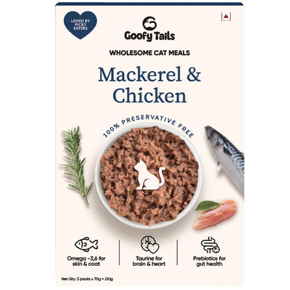 Goofy Tails Mackerel and Chicken Wet Cat Food and Kitten Food, 210g (70g X 3 Pouches), Preservative Free, Gluten & Grain Free, Balanced Cat Wet Food, Powered by Taurine (1, Chicken & Mackerel)