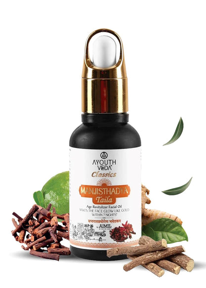 Ayouthveda Manjisthadya Taila | Nourishes Skin Tone With Goat Milk & Matulunga| Helps To Restore Dull Skin | Work As Natural Skin Illuminator | Anti-Aging Facial Oil (Pack Of 1-30ml)