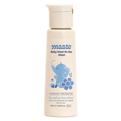 Maate Baby Head to Toe Wash 50 ml | Baby Hair & Body Wash for Bath | Aloe Vera, Almond Oil, Rice Milk & Calendula | Gentle, Soap & Tear Free, pH Balanced Cleanser | For Newborns, Infants & Babies 0m+