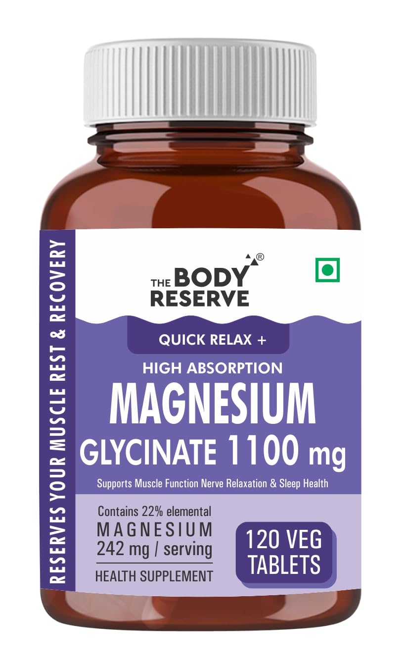 Supplement bottle labeled 'Magnesium Glycinate 1100 mg' by The Body Reserve on a white background.