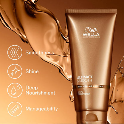 Wella Professional Ultimate Smooth conditioner tube with product features on a brown background