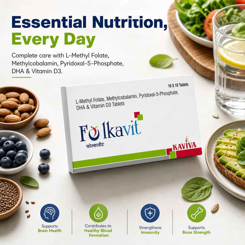 Folkavit L-Methyl Folate, Methylcobalamin, Pyridoxal-5-Phosphate, DHA & Vitamin D3 Tablets | Nutritional Supplement | 10 x 10 Tablets |