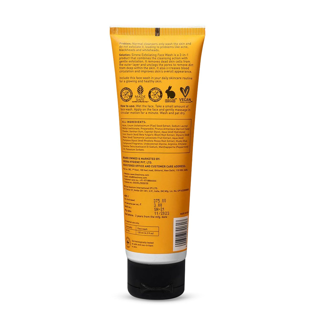 Back view of an orange skincare product tube with text and icons on a white background