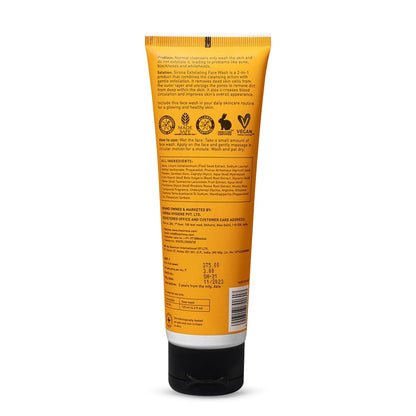 Back view of an orange skincare product tube with text and icons on a white background