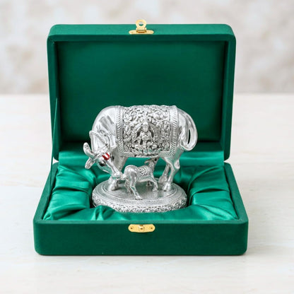 Dev Aastha 999 Pure Silver Plated Kamdhenu Cow Idol | 2.5 inch Vastu Home Decor for Pooja Room & Mandir | Symbol of Prosperity & Abundance | Ideal Religious & Spiritual Gift
