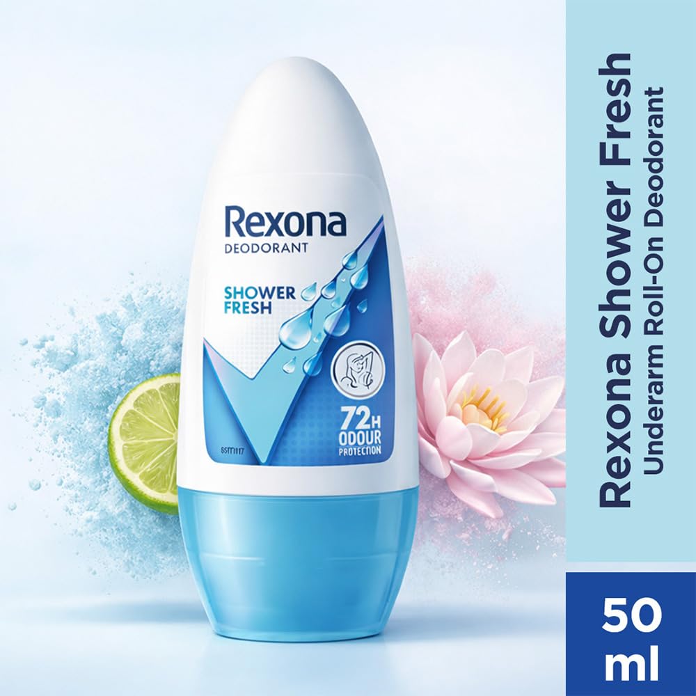 Rexona Shower Fresh Underarm Roll On Deodorant For Women, Antiperspirant, Removes Odour, Keeps Skin Fresh & Clean, Alcohol Free, Skin Friendly, 50 ml