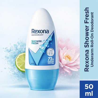 Rexona Shower Fresh Underarm Roll On Deodorant For Women, Antiperspirant, Removes Odour, Keeps Skin Fresh & Clean, Alcohol Free, Skin Friendly, 50 ml