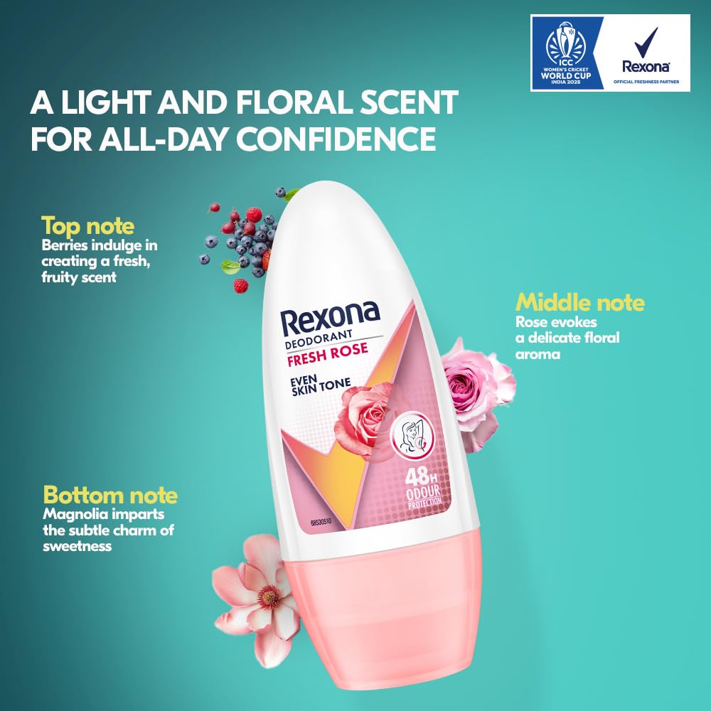 Rexona deodorant bottle with floral design on a teal background, featuring product details and branding.