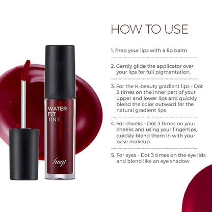 Lip tint with applicator and usage instructions on a white background