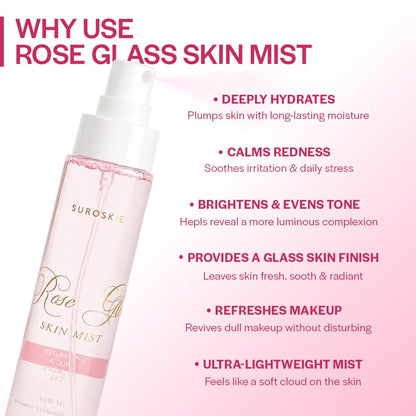 Suroskie Rose Glass Skin Mist 100ml | Rose Water Face Mist with Niacinamide, Hyaluronic Acid & Ceramide | Hydrating, Soothing & Glow Boosting Makeup Prep & Refresh Spray for All Skin Types