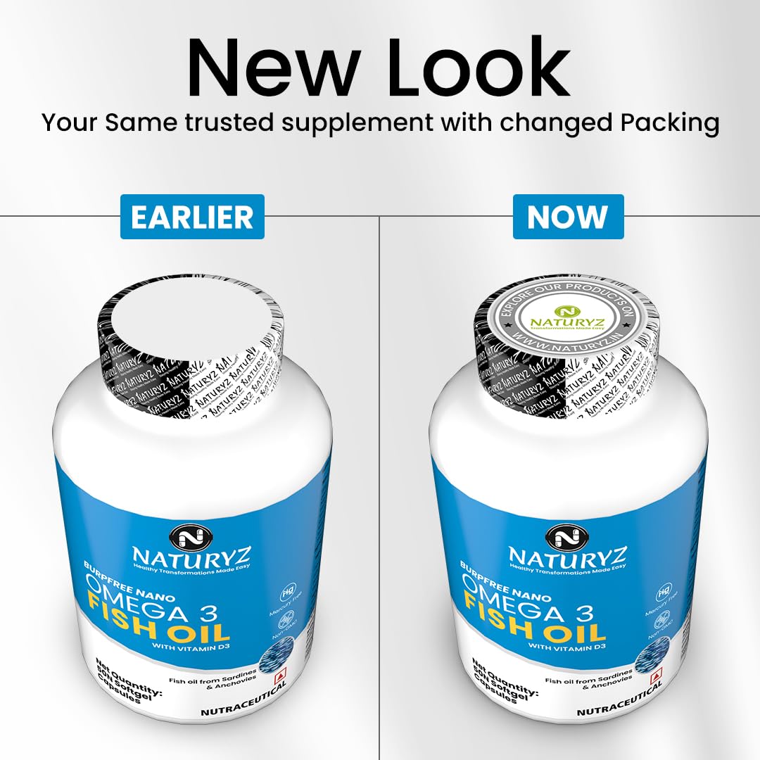 Comparison of Naturyz Omega 3 Fish Oil supplement packaging, earlier and now versions.