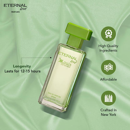 Perfume bottle with green cap on a green background, featuring 'Eternal Love' branding.
