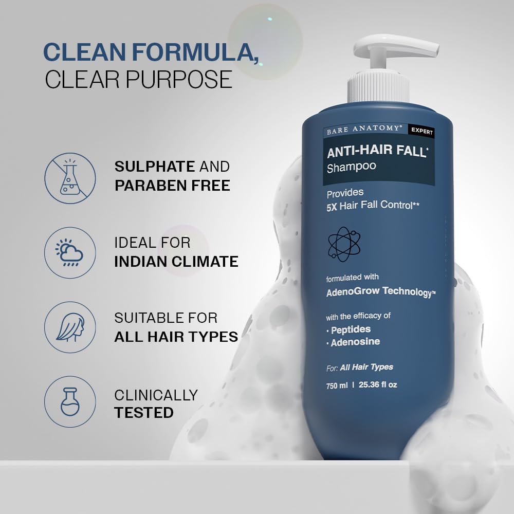 Bare Anatomy Anti-Hair Fall Shampoo | Provides 5x Hair Fall Control | Adenosine, Procapil & Peptides | Strengthens Roots, Reduces Breakage & Cleans Gently | Sulphate & Paraben Free | Unisex | 750ml