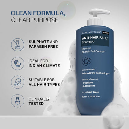 Bare Anatomy Anti-Hair Fall Shampoo | Provides 5x Hair Fall Control | Adenosine, Procapil & Peptides | Strengthens Roots, Reduces Breakage & Cleans Gently | Sulphate & Paraben Free | Unisex | 750ml
