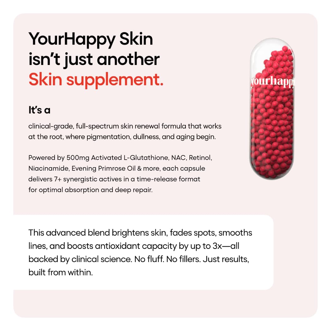 Advertisement for 'YourHappy Skin' skin supplement capsules with text on a light pink background.