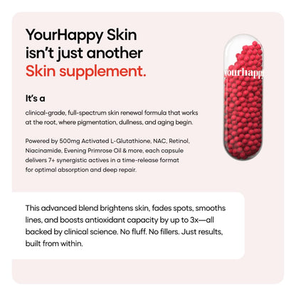 Advertisement for 'YourHappy Skin' skin supplement capsules with text on a light pink background.