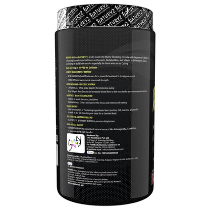 Black supplement container with white text on a white background